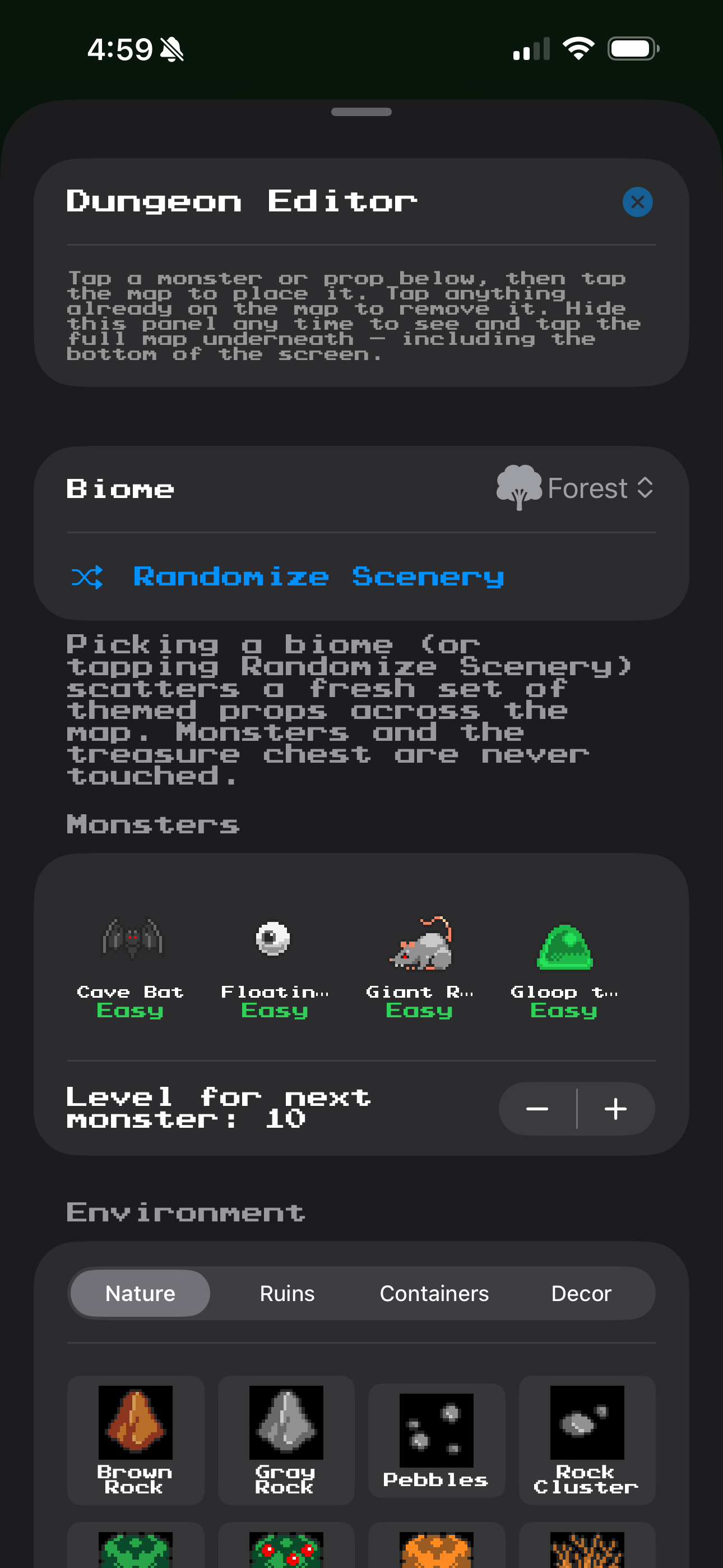 The Dungeon Editor — picking a biome and placing monsters and props