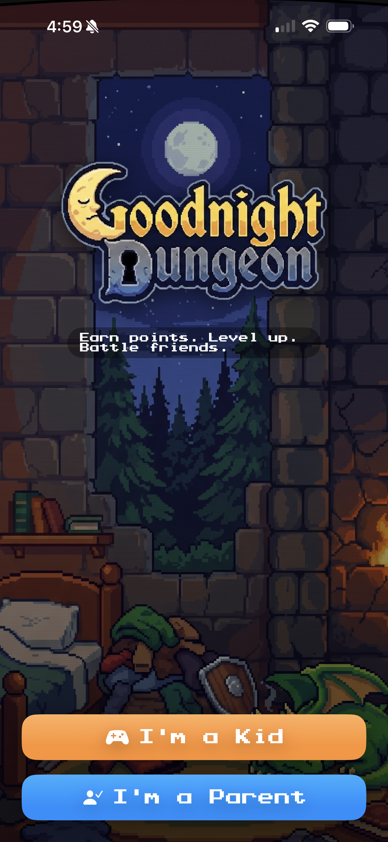 Goodnight Dungeon launch screen — a moonlit dungeon bedroom with a sleeping dragon by the fireplace