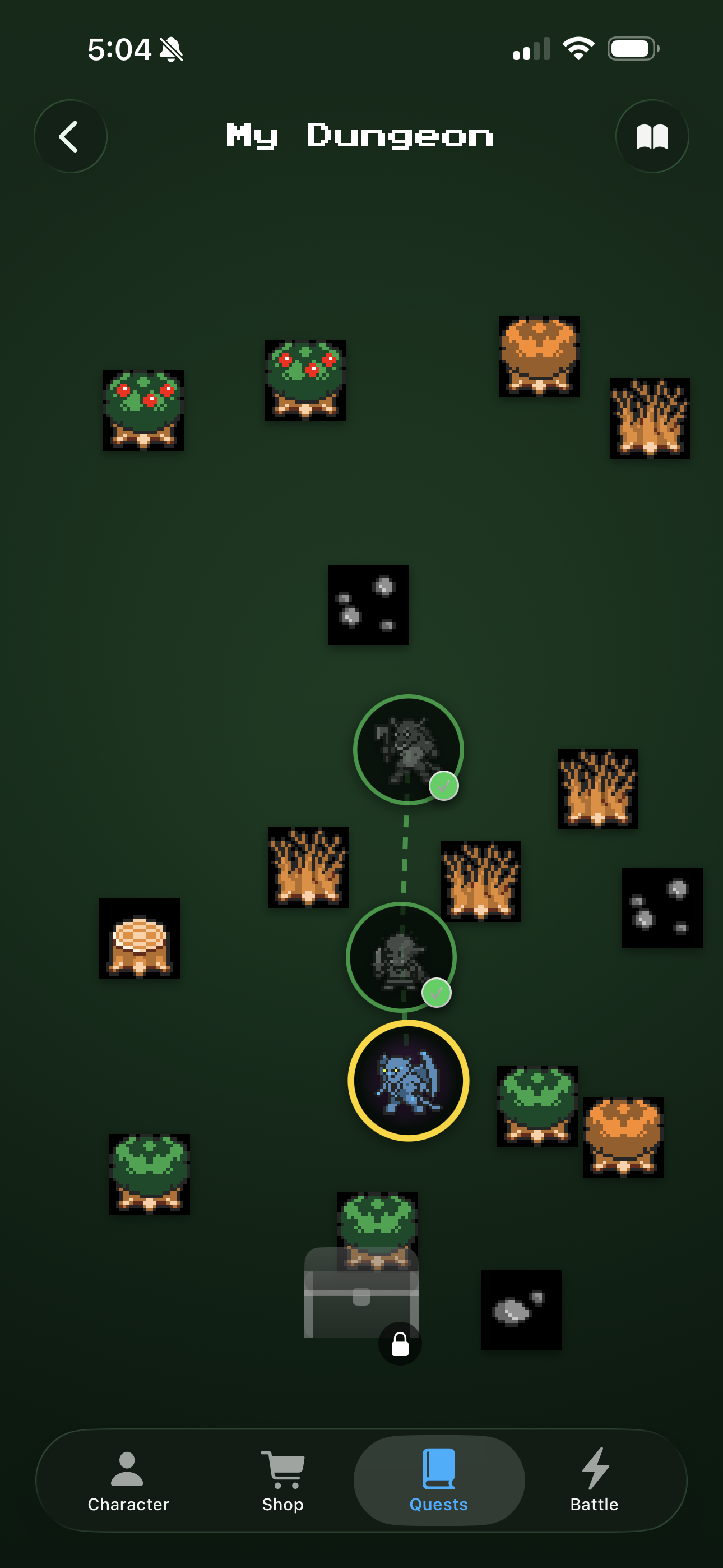 The party's shared quest path, with a treasure chest waiting at the end